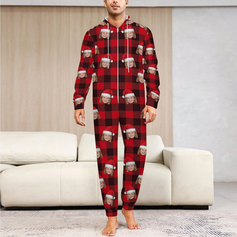 Flannel Fleece Custom Face Christmas Pajama Onesie Loungewear Set For Adult&Kids