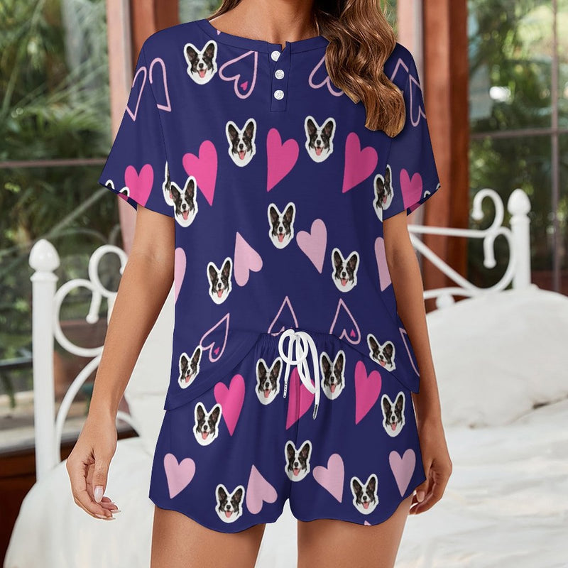 Personalized Face Women's Pajama Set Custom Pink Heart Blue Short Sleeve Set Loungewear