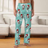 Personalized Men&Women Pajama Pants&Christmas Hat Custom Face Snowflake Light Blue Pants For Christmas Party