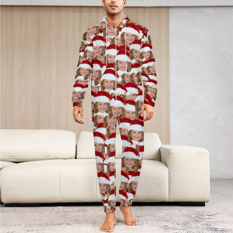 Flannel Fleece Custom Face Christmas Pajama Onesie Loungewear Set For Adult&Kids