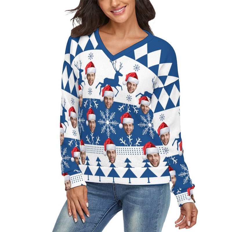 Custom Face Women's V Neck Sweater&Men's Crew Neck Sweater Merry Christmas Blue Couple Sweaters