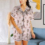 Personalized Women's Silk Short Sleeve Pajama Sets Custom Face Little Flowers Lignt Pink Satin Pajamas Nightwear