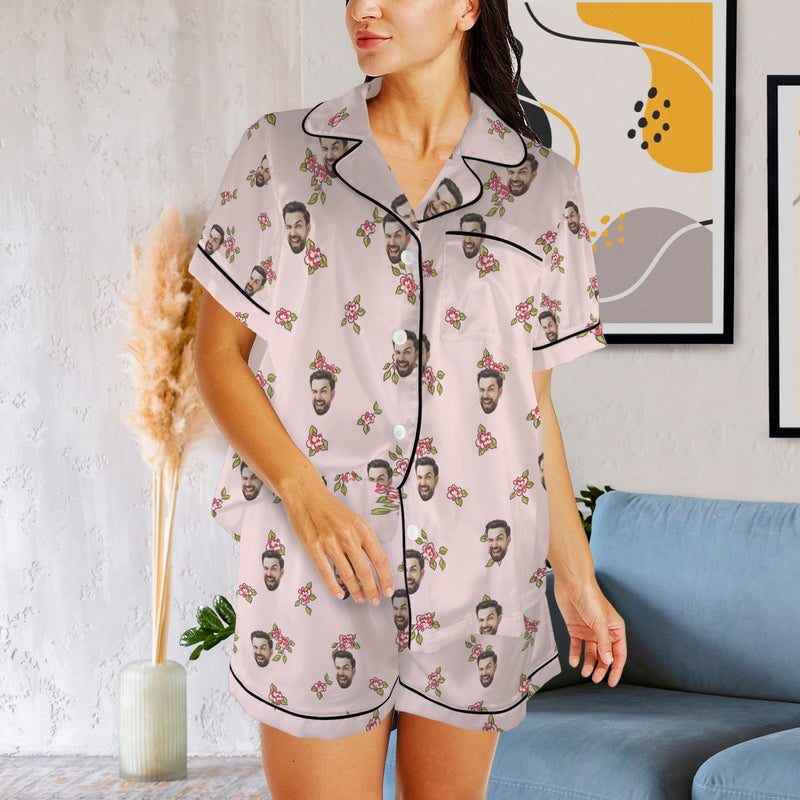 Personalized Women's Silk Short Sleeve Pajama Sets Custom Face Little Flowers Lignt Pink Satin Pajamas Nightwear