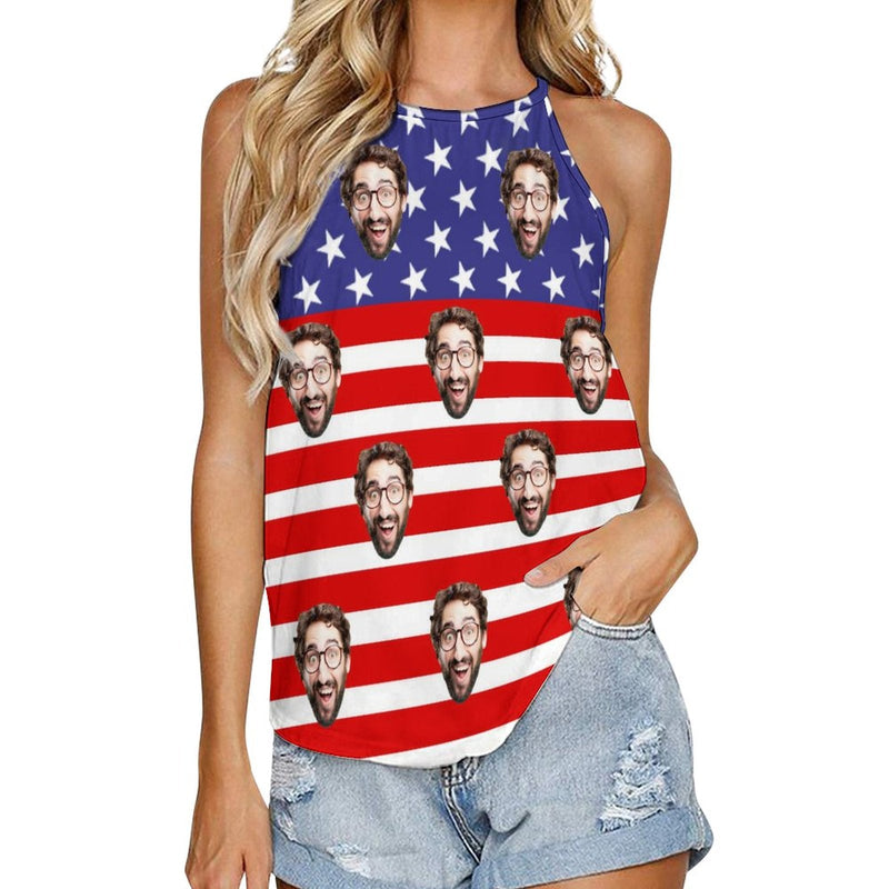 Custom Face Flag Women Summer Vest T-shirt Personalized Crew Neck Vest T-shirt Gift