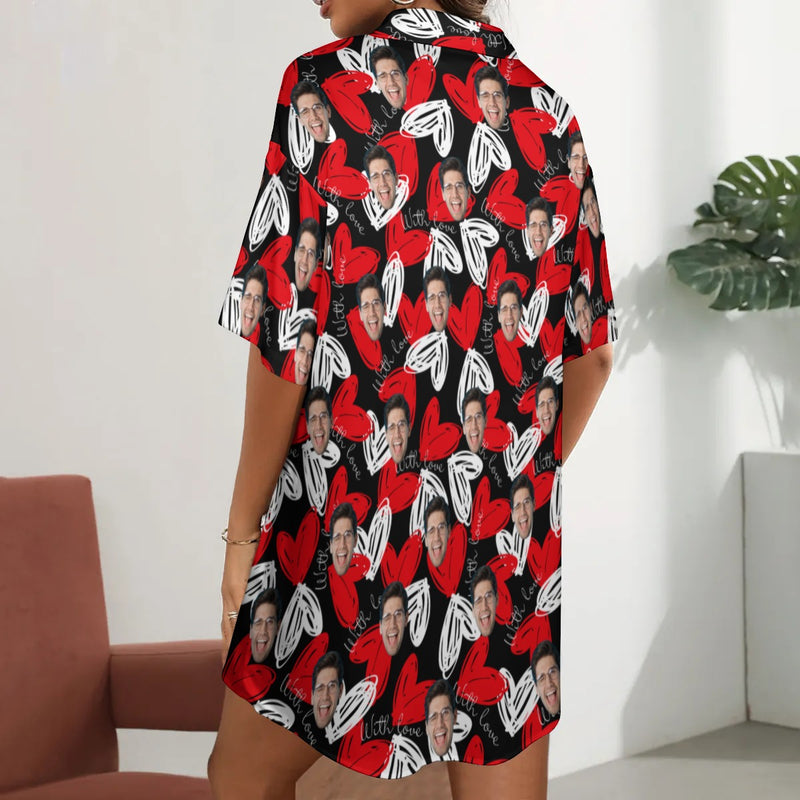 Custom Face Women's Red&White Heart Shirt Sleepdress Pajama Personalized Face Nightgown Sleepwear