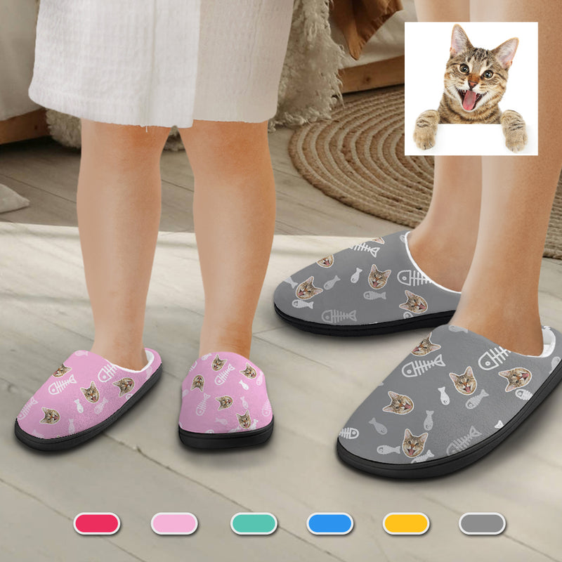 Personalized Cat Face Fish Bones 6 Colors Cotton Slipper For Family