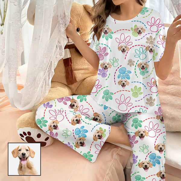 Custom Women's Pocket Short Sleeve&Long Pants Pajama Sets Personalized Face Colorful Pet Paw Nightwear Set