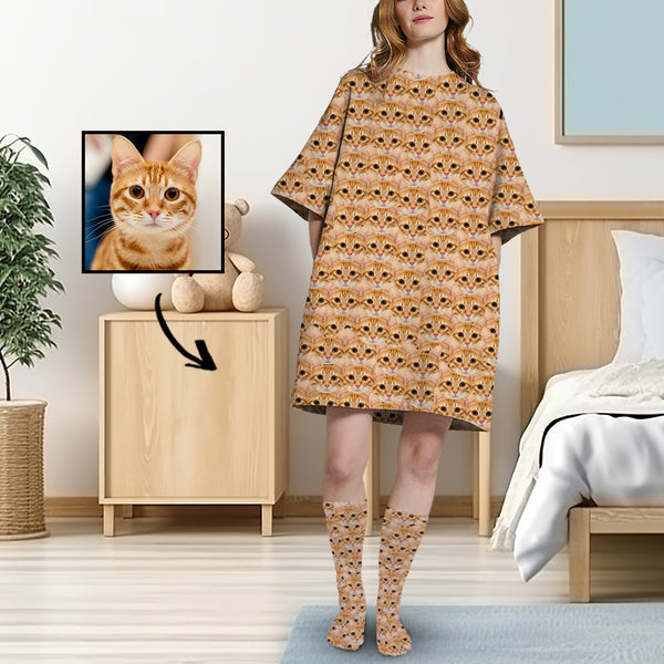 Custom Multi-Face Nightdress&Socks Personalized Women's Oversized Sleep Tee Loose Sleepwear