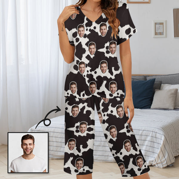 Personalized Face Women's Pajama Set Custom Cow Pattern Women's V-Neck Short Sleeve&Capri Pants Pajama Sets