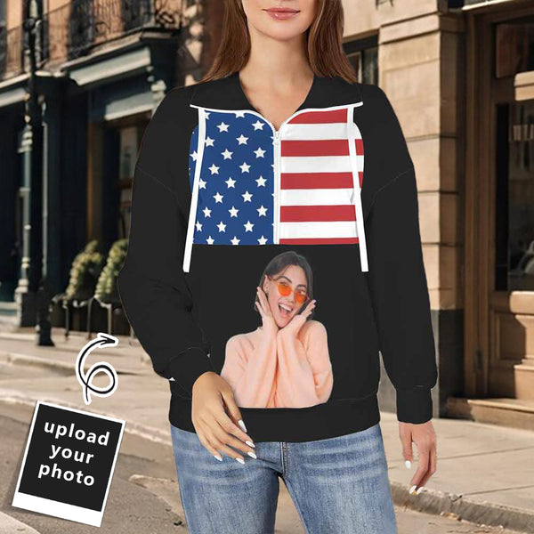 Custom Photo Flag Sweatshirt Hoodie Personalized Face Women's Lapel Half Zip Pullover Drawstring Sweatshirts