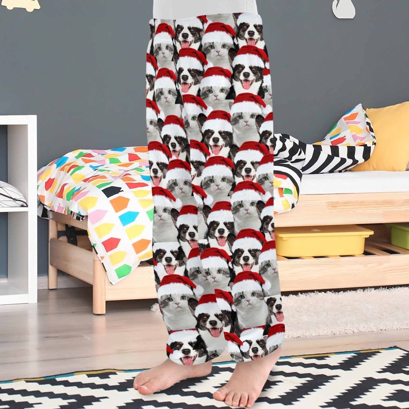 Coral Fleece Pajama Pants&Cotton Slippers Custom Face Christmas Red Hat Warm and Comfortable Sleepwear Long Pajama Pants For Men Women Kids