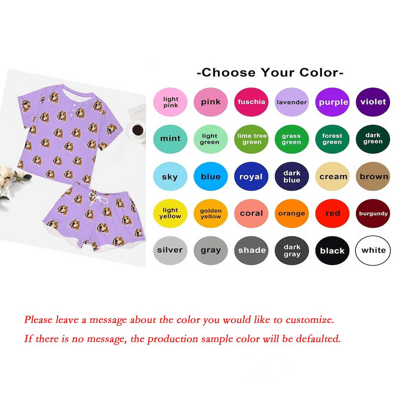 Custom Cat Dog Face Solid Color Pajama Set Women's Short Sleeve Loungewear Pet Dog Bandana