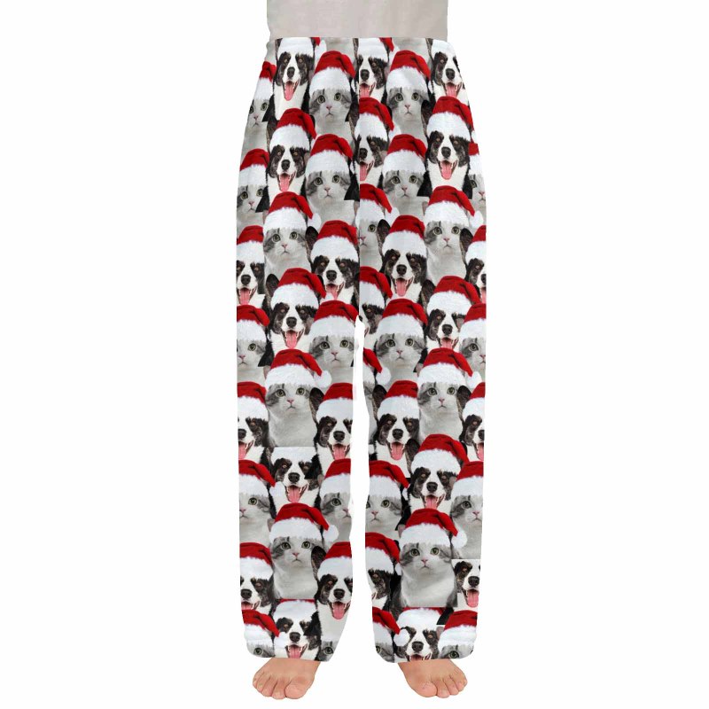 Coral Fleece Pajama Pants&Cotton Slippers Custom Face Christmas Red Hat Warm and Comfortable Sleepwear Long Pajama Pants For Men Women Kids