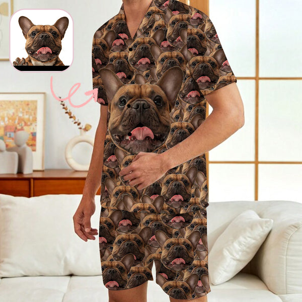 Custom Dog Face Pajamas Set Personalized Short Sleeve Men's V Neck Pajamas Set Loungewear