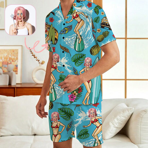 Custom Face Pajamas Set Loungewear Personalized V Neck Mens Pajamas