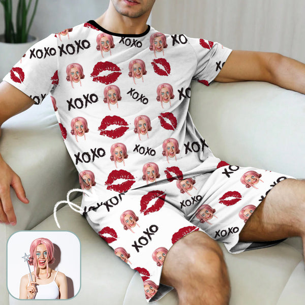 Custom Girlfriend Face Men's Short Sleeve Pajamas Personalized Crew Neck Red Lips Face Pajamas Set