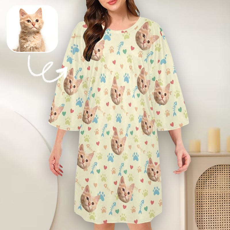 Custom Cat Face Nightdress Oversized Sleep Tee Personalized Women's Loose Sleepwear