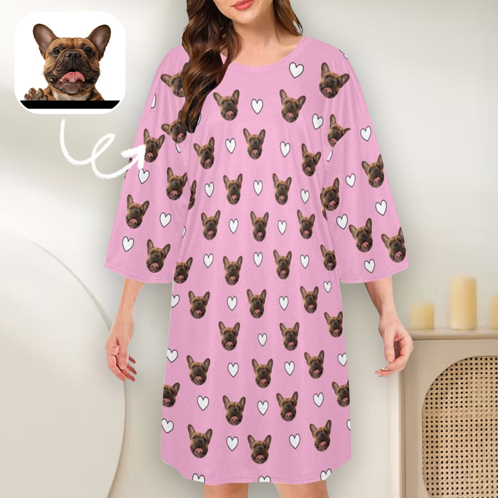 Custom Dog Face Pink Nightdress&Blanket&Socks Oversized Sleep Tee Personalized Women's Loose Sleepwear