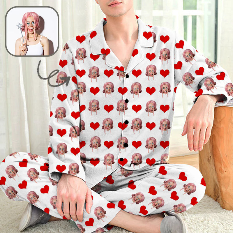 Custom Face Red Heart Long Sleeved Pajamas&Blanket Personalized Men's Face Long Set