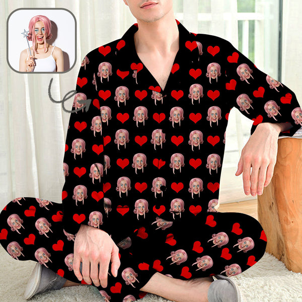 Custom Face Red Heart Black Long Sleeved Pajamas Personalized Men's Face Long Set