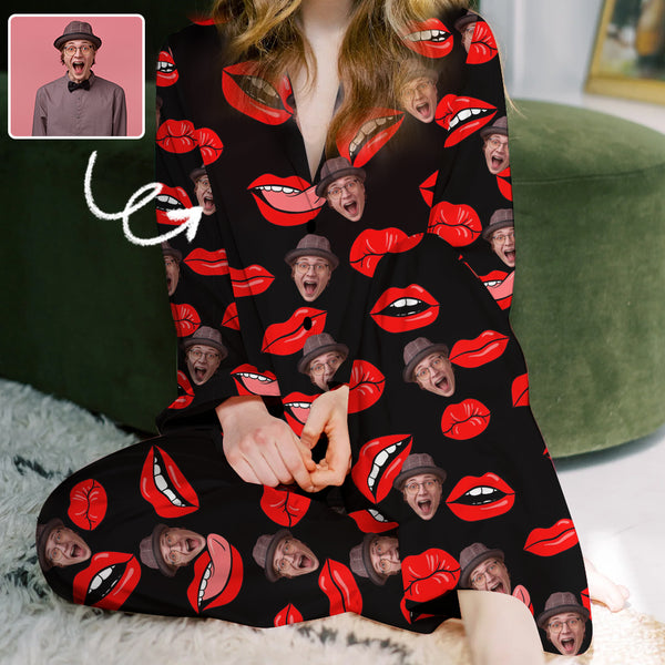 Custom Women's Face Pajama Set Personalized Women's Red Lips Black Long Sleeve Sleepwear Set