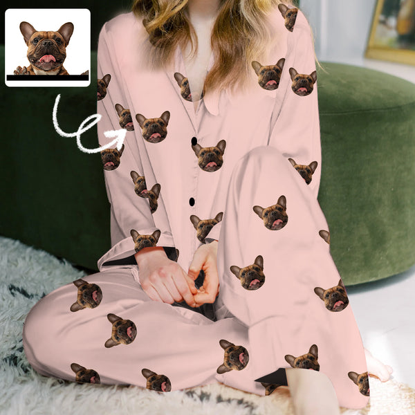 Custom Face Women's Pajama Set Personalized Women's Pink Dog Face Long Sleeve Pajama Set