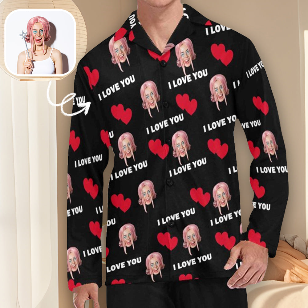 Custom Face Pajamas Shirt Personalized Face Red Heart Black Men's Long Sleeve Shirts Sleepwear