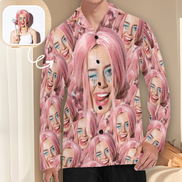 Custom Girlfriend's Face Pajama Shirt Personalized Multi-Face Long Sleeve Pajama Shirt For Men