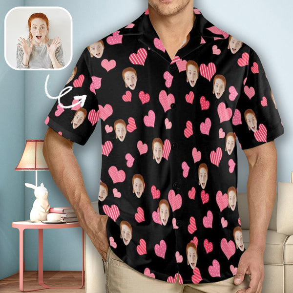 Custom Face Male V Neck Pajama Shirt Personalized Face Pink Heart Black Pajama Shirt Top