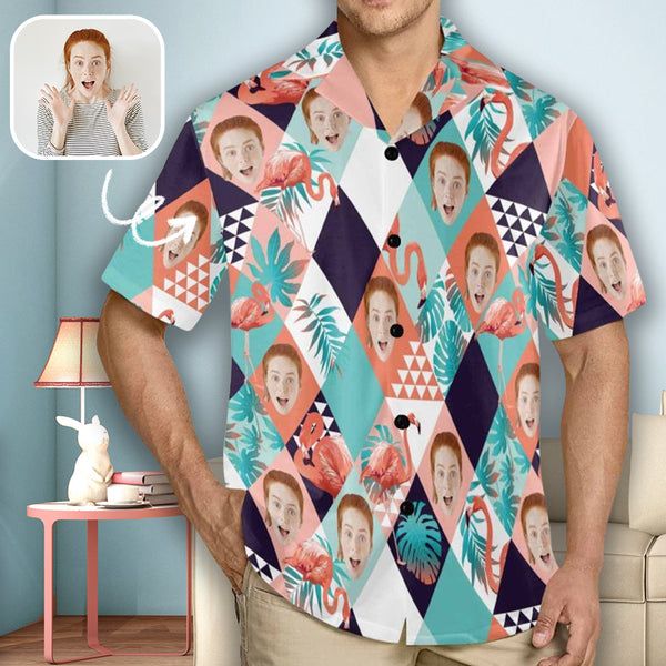 Custom Face Pajamas Shirt Personalized Men's V Neck Flamingo Pajamas Shirt Sleepwear