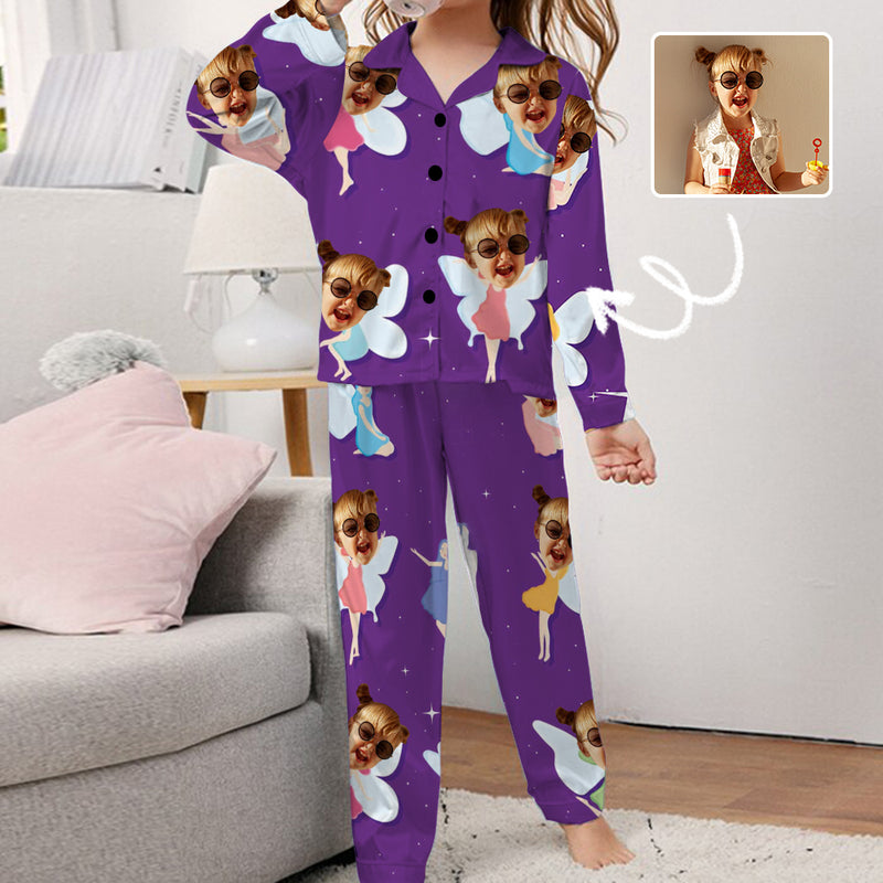 Custom Face Kids Long Sleeve Pajamas Personalized 8-15Y Face Butterfly Pajamas Set Sleepwear