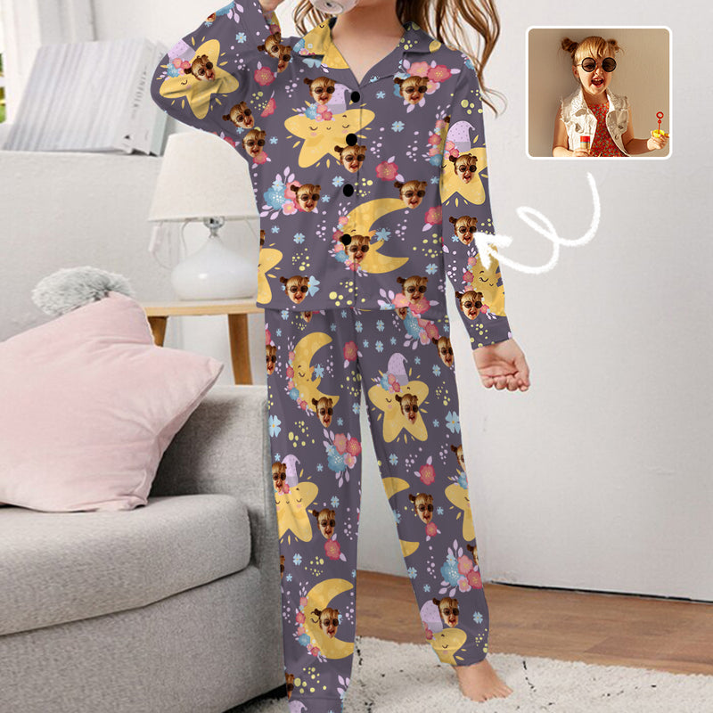 Custom Face 8-15Y Pajamas Set Personalized Face Moon&Star Kids Long Sleeve Pajamas Set