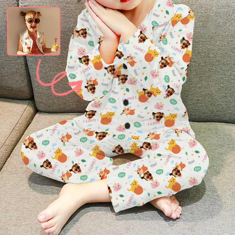 Custom Face Pajamas Set Personalized Face 2-7Y Long Sleeved Pajamas Sleepwear