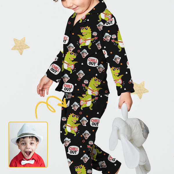 Custom Face Pajamas Set Personalized Face #2-7Y Dinosaur Black Long Sleeve Pajamas Sleepwear