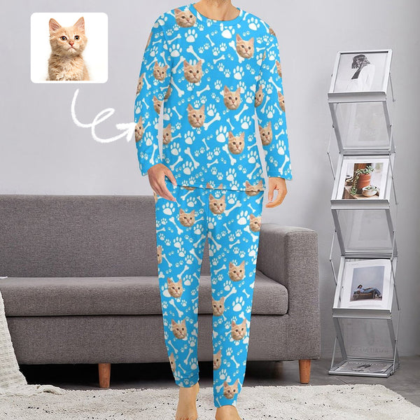 Custom Cat Face Pajamas Set Personalized Men's Crew Neck Long Sleeve Face Pajamas Set