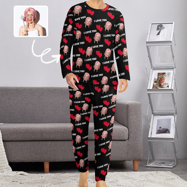 Custom Face Pajamas Set Personalized Men's Crew Neck Long Sleeve Face Red Heart Pajamas Set