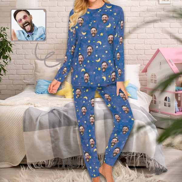 Custom Face Blue Pajamas Set Personalized Women's Crew Neck Face Long Sleeve Pajamas