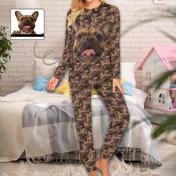 Custom Dog Face Pajamas Set Personalized Women's Crew Neck Face Long Sleeve Pajamas
