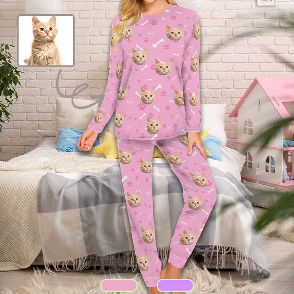 Custom Cat Face Pajamas Set Personalized Women's Crew Neck Face Long Sleeve Pajamas