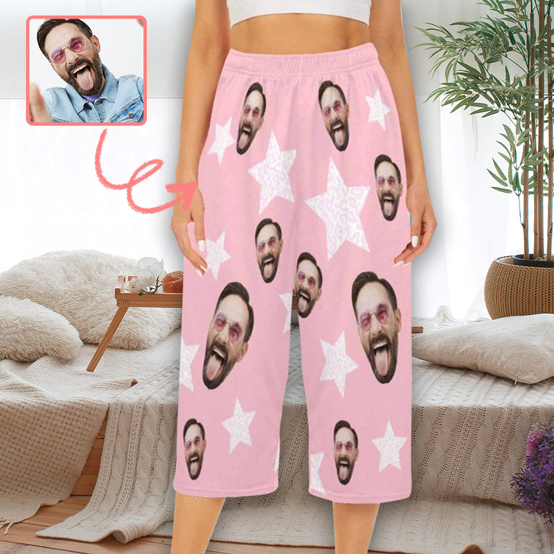 Custom Face Cropped Pajama Pants For Women Personalized Face Star Pink Pajama Pants