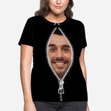 Custom Boyfriend Face Black Zipper Women's All Over Print T-shirt