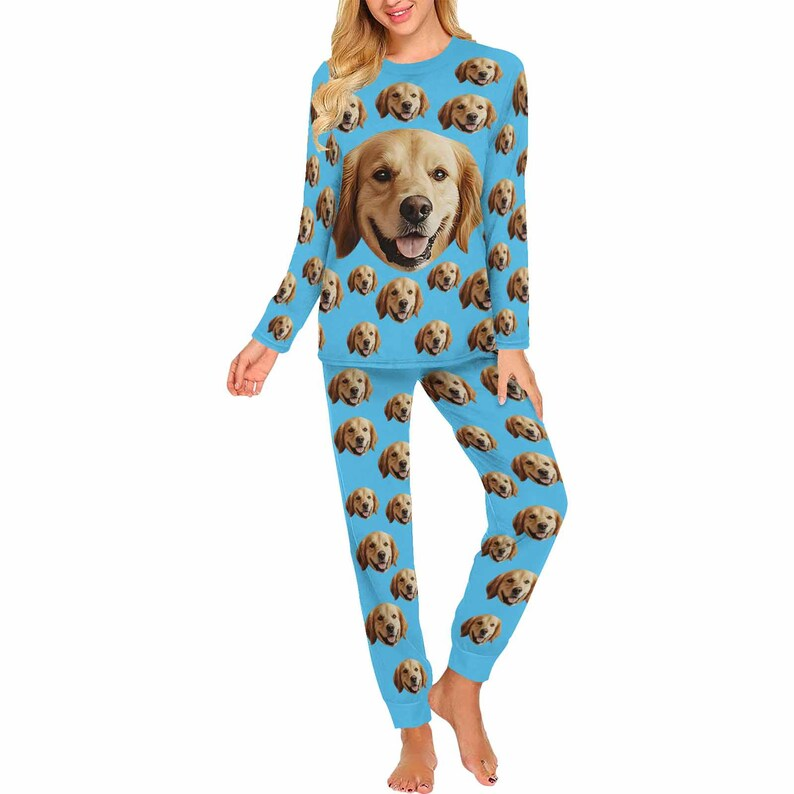 Custom Face Crew Neck Long Sleeve Pajama Sets Personalized Face Solid Colors Pajamas For Family