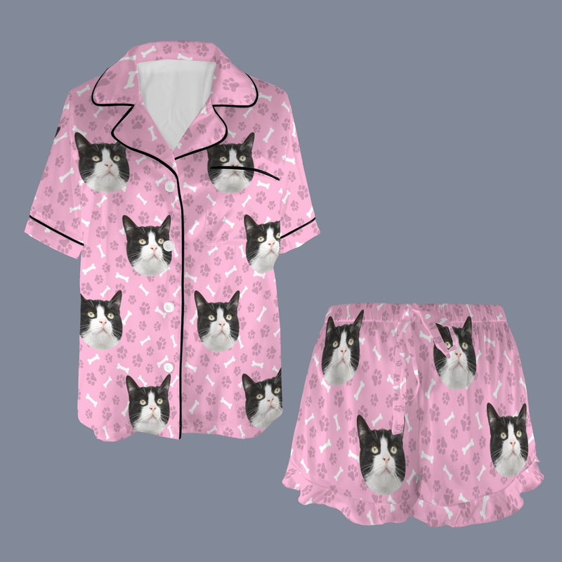 Custom Pet Face Satin Pajamas Set Dog&Bone Women's V-Neck Short Pajama Set