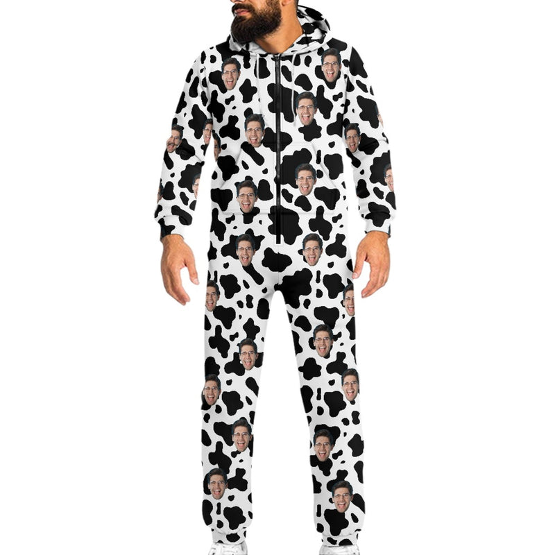 Custom Face Unisex Hooded Onesie Jumpsuits With Pocket For Family Personalized Cow Pattern Zip One-piece Pajamas