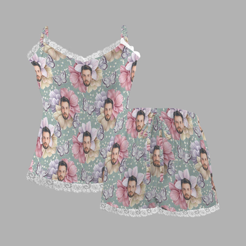Custom Photo Women's Lace Cami Pajama Sets Personalized Face Lace Pajama Sets