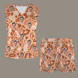 Custom Face Women Pajamas Set Personalized Brown Leopard Print Women's Sleeveless V-Neck Pajama Sets