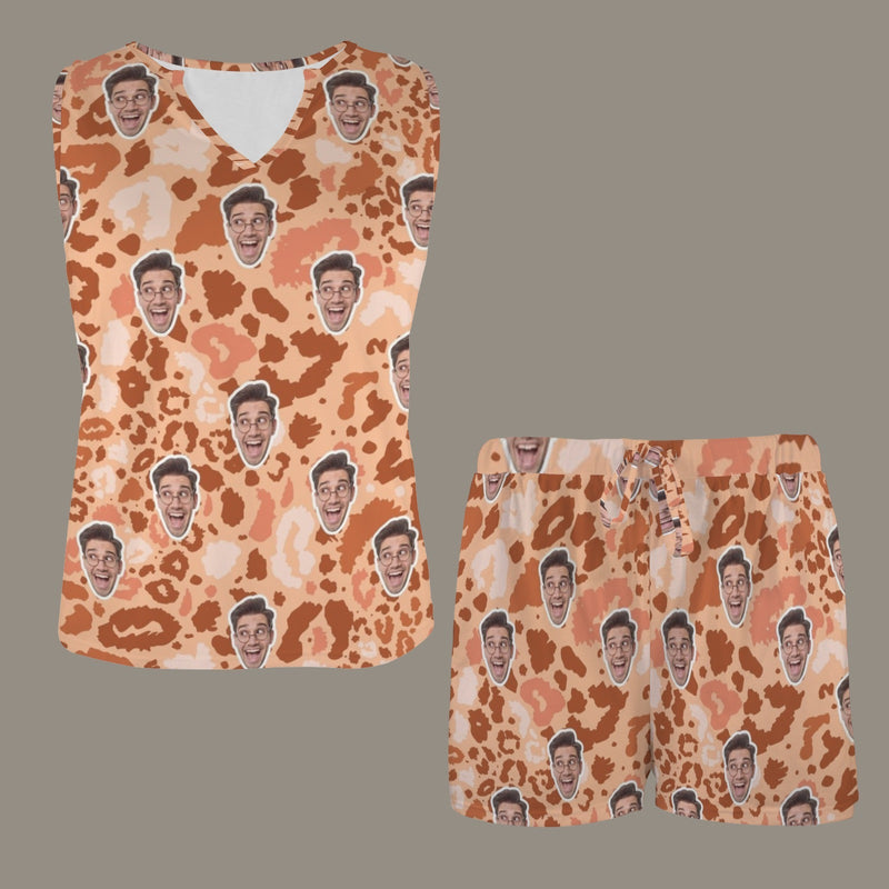 Custom Face Women Pajamas Set Personalized Brown Leopard Print Women's Sleeveless V-Neck Pajama Sets
