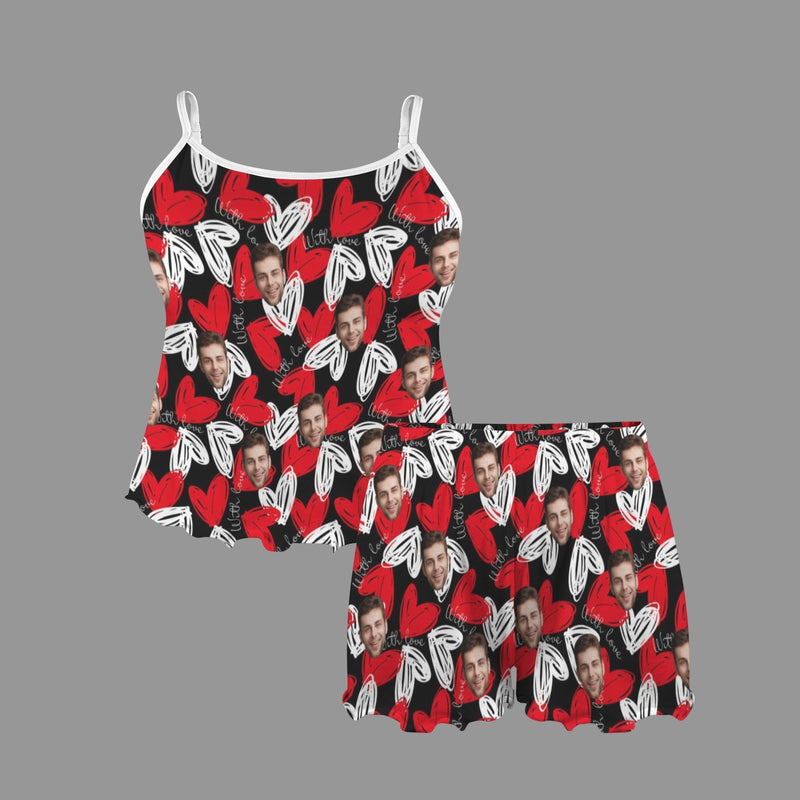 Custom Women's Frill Hem Cami Pajama Sets Personalized Red White Heart Nightwear Set