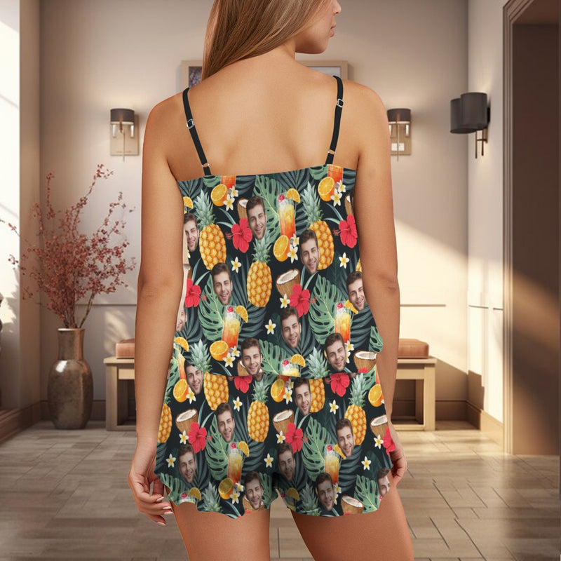 Custom Women's Frill Hem Cami Pajama Sets Personalized Pineapple Photo Nightwear Set