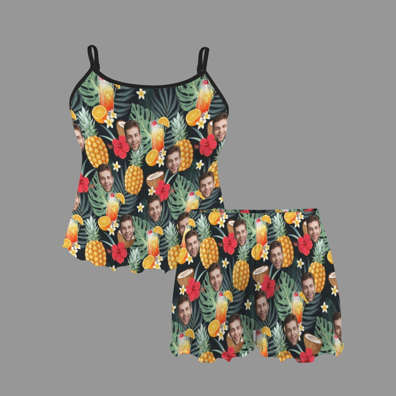 Custom Women's Frill Hem Cami Pajama Sets Personalized Pineapple Photo Nightwear Set